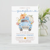 Pompoen Herfst Jongen Baby shower Uitnodiging Blau (Staand voorkant)