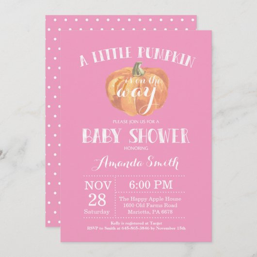 Pompoen Herfst Meisje Baby shower Uitnodiging Roze (Voorkant / Achterkant)