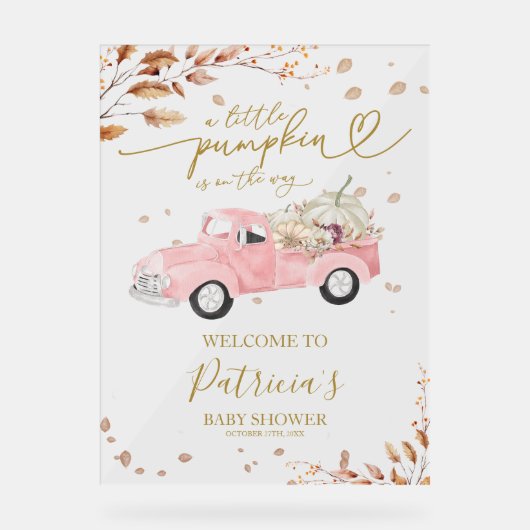 Pompoen Herfst Meisje Baby shower Welkom Teken Acryl Bord (Voorkant)