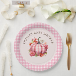 Pompoen Herfst Roze Gingham Baby shower Papier Bor Papieren Bordje