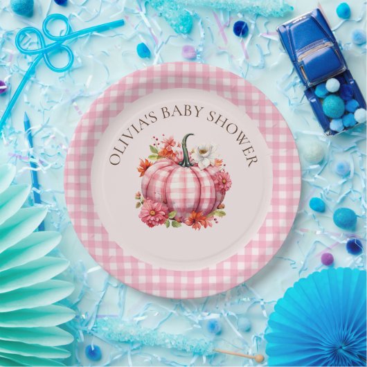 Pompoen Herfst Roze Gingham Baby shower Papier Bor Papieren Bordje (Feest)
