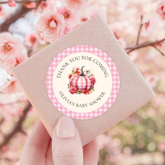 Pompoen Herfst Roze Plaid Baby shower Ronde Sticker