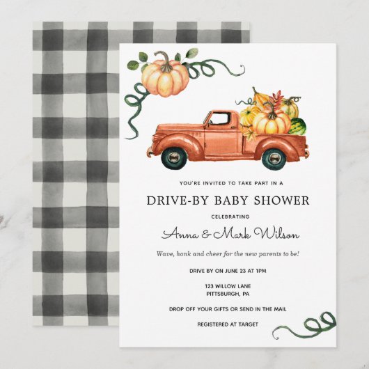 Pompoen herfst vrachtwagen rijden door Baby shower Kaart (Voorkant / Achterkant)