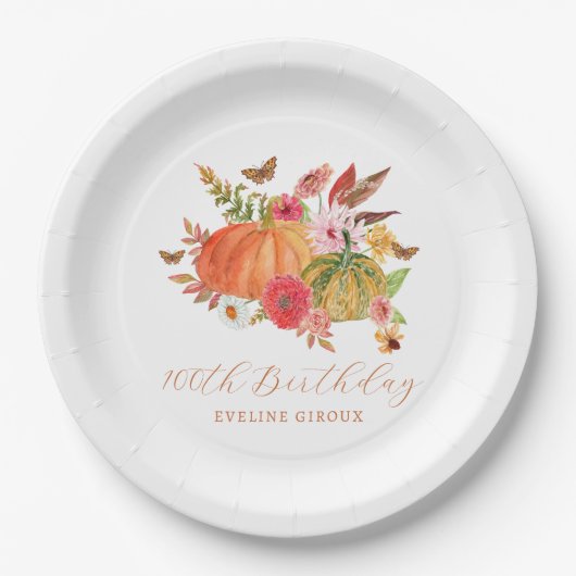 Pompoen Herfst Wildflower Bloemen 100e Verjaardag Papieren Bordje (Voorkant)