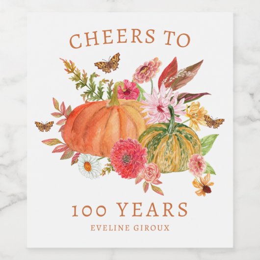 Pompoen Herfst Wildflower Bloemen 100e Verjaardag Wijn Etiket (Enkel label)