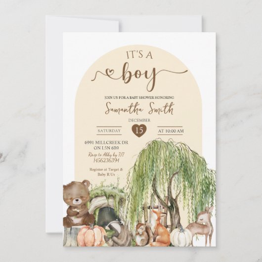 Pompoen Herfst Woodland Animals Boy Baby shower Kaart (Voorkant)