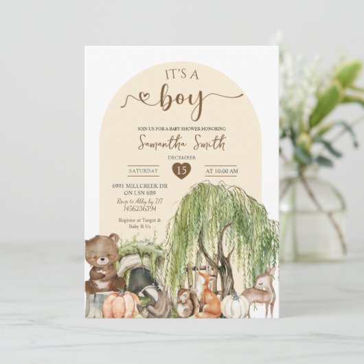 Pompoen Herfst Woodland Animals Boy Baby shower Kaart (Staand voorkant)