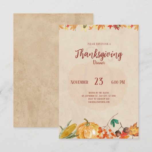Pompoen Herfstblad Thanksgiving Diner Invitation Bedankkaart (Voorkant / Achterkant)