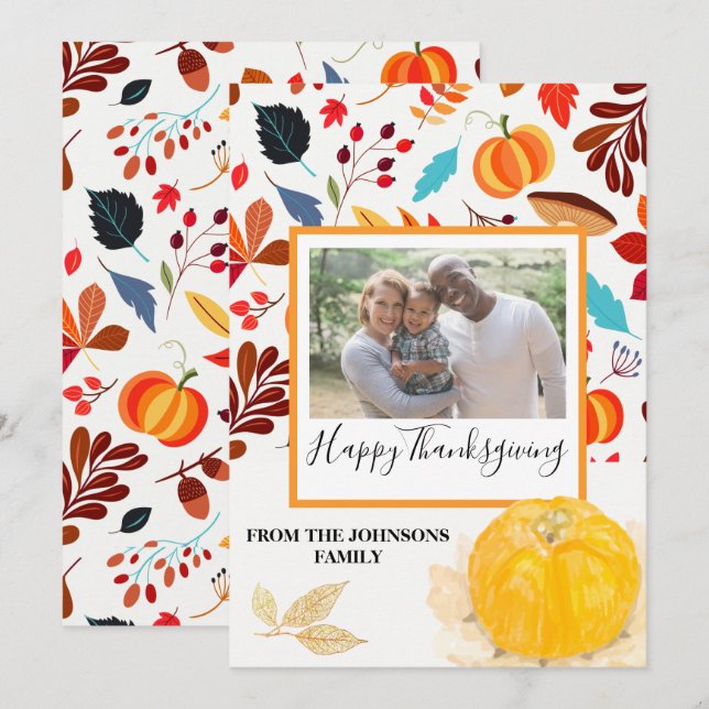Pompoen & Herfstpatroon Thanksgiving Fotokaart (Voorkant / Achterkant)
