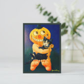 Pompoen Hoofd Jongen Holding Kat -  Halloween Feestdagenkaart (Staand voorkant)