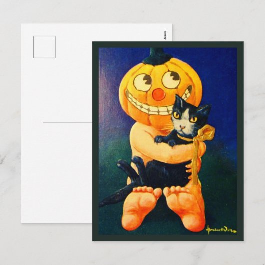 Pompoen Hoofd Jongen Holding Kat -  Halloween Feestdagenkaart (Voorkant / Achterkant)