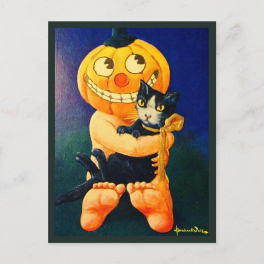 Pompoen Hoofd Jongen Holding Kat -  Halloween Feestdagenkaart (Voorkant)