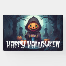 Pompoen Hoofd Met Snoep Gelukkig Halloween Spandoek