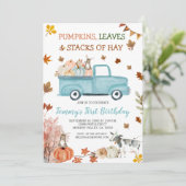 Pompoen, hooi, bladeren, Herfst Boy Verjaardag Blu Kaart (Staand voorkant)