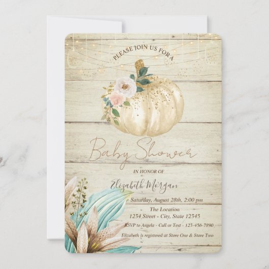 Pompoen, houten textuur, Boho Flowers Baby shower Kaart (Voorkant)