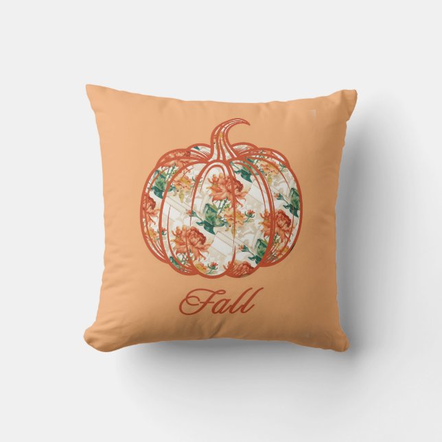 Pompoen in een Chrysantpatroon Kussen (Voorkant)