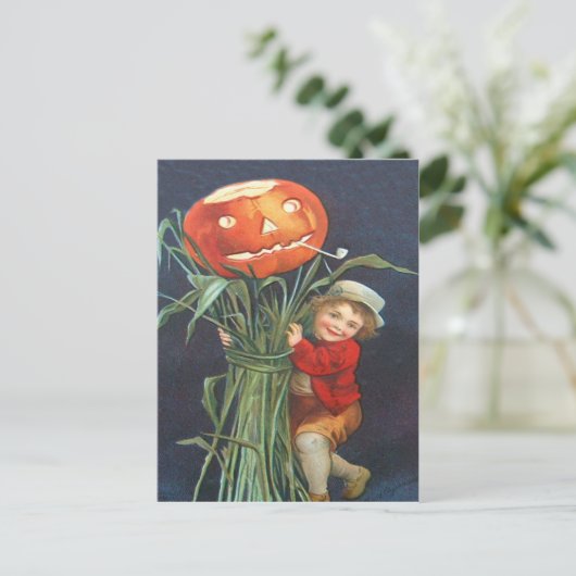 Pompoen Jack O lantaarn Cornstalk Boy Briefkaart (Staand voorkant)