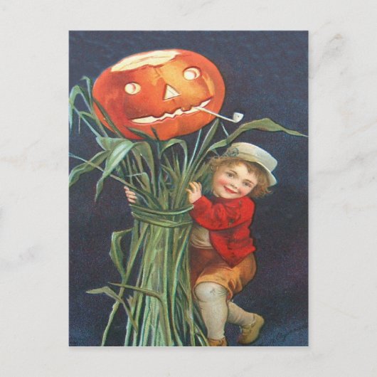 Pompoen Jack O lantaarn Cornstalk Boy Briefkaart (Voorkant)