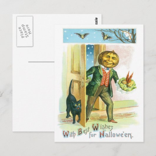 Pompoen Jack O Lantaarn Zwart Kat Bat Briefkaart (Voorkant / Achterkant)