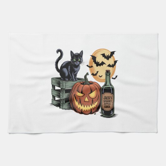 Pompoen Kat Bier Halloween Theedoek (Horizontaal)