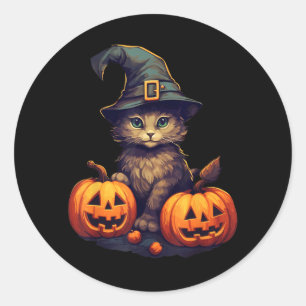 Pompoen Kat Halloween Zwarte Kat Heren Kostuum Mei Ronde Sticker