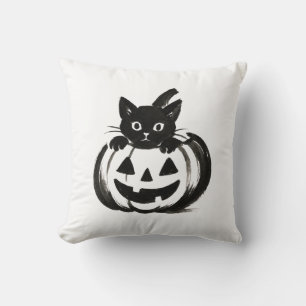 Pompoen Kijken – Zwarte Kat Halloween Ontwerp op Kussen