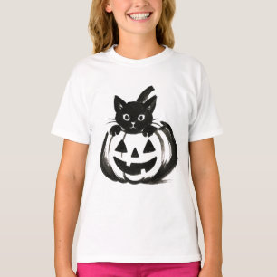 Pompoen Kijken – Zwarte Kat Halloween Ontwerp op T-shirt