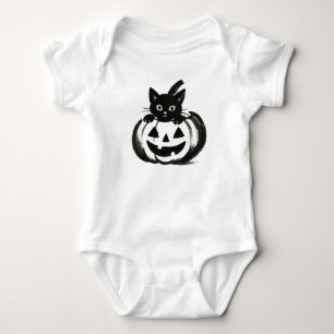 Pompoen Kijkje – Zwarte Kat Halloween Ontwerp op Romper