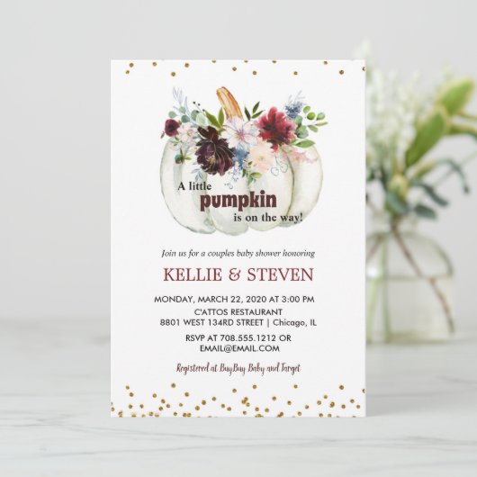 Pompoen koppels baby shower elegante uitnodiging (Staand voorkant)