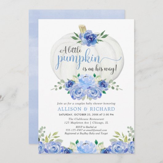 Pompoen koppels baby shower, herfst blauw groen kaart (Voorkant / Achterkant)