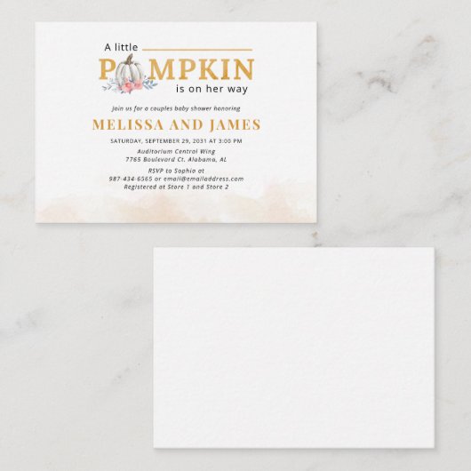 Pompoen koppels Baby shower Roze Bloemen Uitnodigi Notitiekaartje (Voorkant / Achterkant)