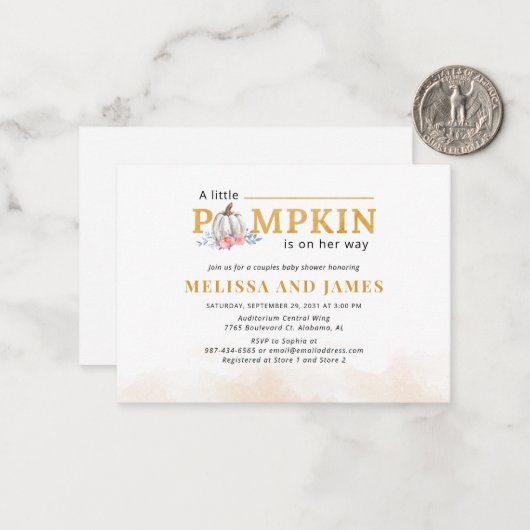 Pompoen koppels Baby shower Roze Bloemen Uitnodigi Notitiekaartje (Voorkant / Achterkant in situ)