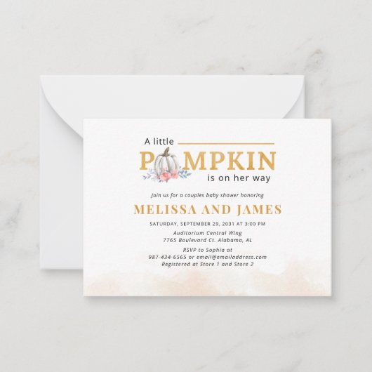 Pompoen koppels Baby shower Roze Bloemen Uitnodigi Notitiekaartje (Voorkant)