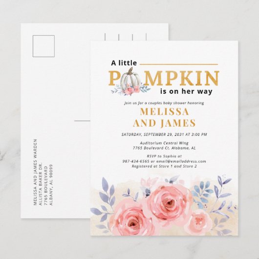 Pompoen Koppels Baby shower Waterverf Bloemen Uitnodiging Briefkaart (Voorkant / Achterkant)