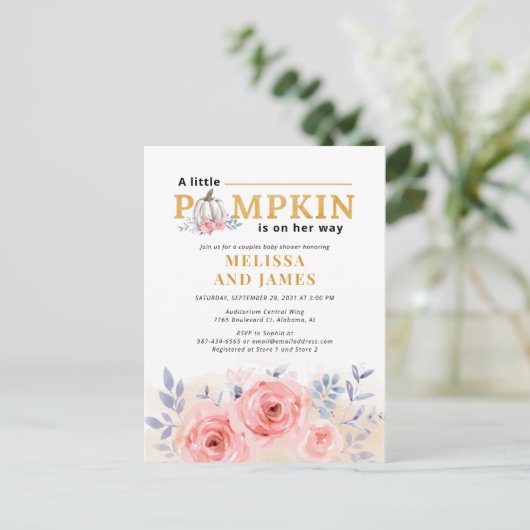 Pompoen Koppels Baby shower Waterverf Bloemen Uitnodiging Briefkaart (Staand voorkant)