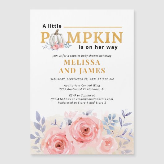 Pompoen Koppels Baby shower Waterverf Lila Roze Magnetische Uitnodiging (Voorkant)