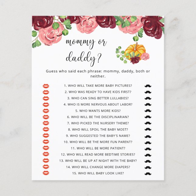 Pompoen mama of papa baby shower spel (Voorkant)