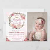 Pompoen Meisje 1e Verjaardag Roze Bloemen Party Kaart (Voorkant)