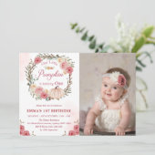 Pompoen Meisje 1e Verjaardag Roze Bloemen Party Kaart (Staand voorkant)