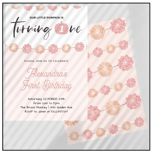 Pompoen Meisje Roze Bloem Halloween 1e verjaardag Kaart