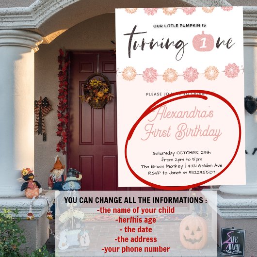 Pompoen Meisje Roze Bloem Halloween 1e verjaardag Kaart