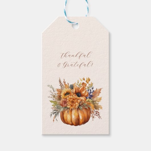 Pompoen met bloemen-dankbaar & dankbaar cadeaulabel (Voorkant)
