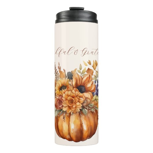 Pompoen met bloemen- dankbaar en dankbaar- thermosbeker (Voorkant)