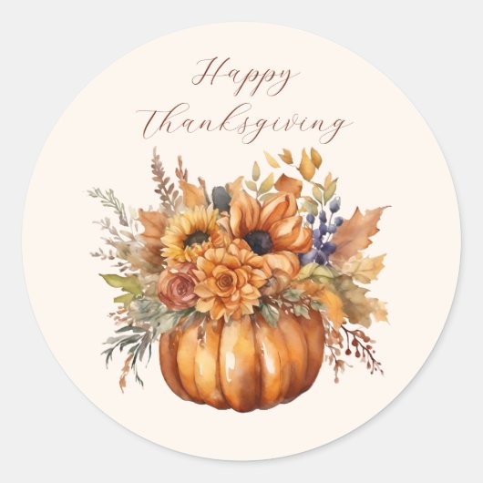 Pompoen met Bloemen-Happy Thanksgiving Ronde Sticker (Voorkant)