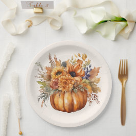 Pompoen met Bloemen-Thanksgiving- Papieren Bordje