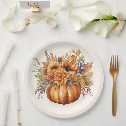Pompoen met Bloemen-Thanksgiving- Papieren Bordje (Huwelijk)