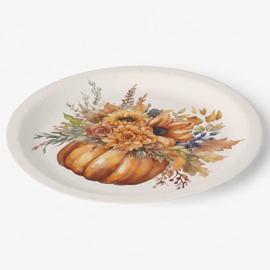 Pompoen met Bloemen-Thanksgiving- Papieren Bordje (Gekanteld)