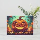 Pompoen met eng gezicht tussen kaarsen, Halloween (Staand voorkant)