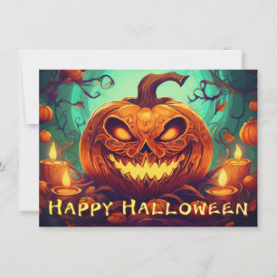 Pompoen met eng gezicht tussen kaarsen, Halloween