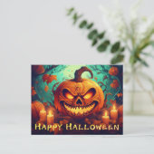 Pompoen met eng gezicht tussen kaarsen, Halloween Feestdagenkaart (Staand voorkant)